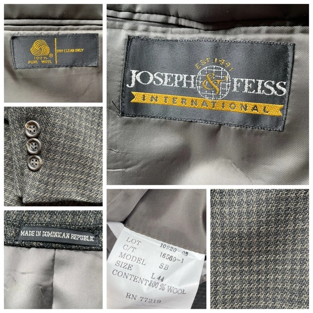 Joseph Feiss Tweed Wool Suit Blazer Jacket Brown Size 44L Check NWOT Menswear